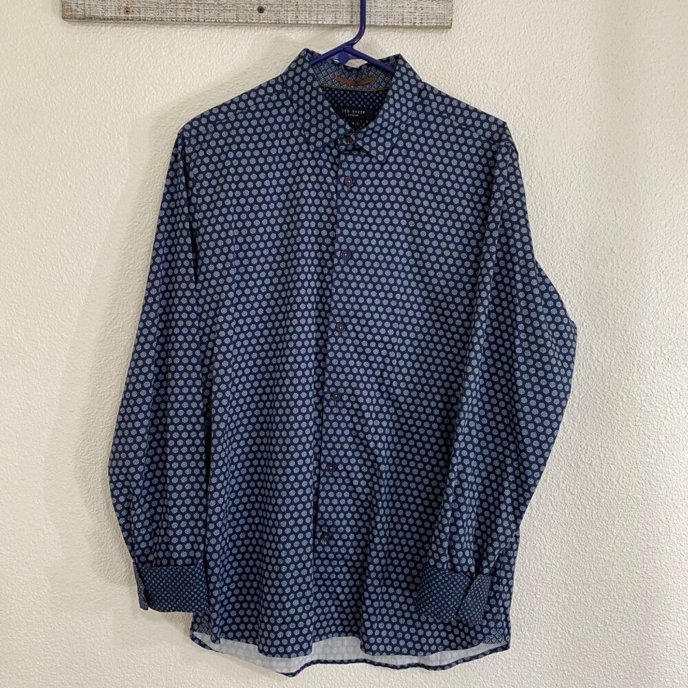 Ted Baker Mens Polka Dot Button-Up Shirt Size 4 Navy Blue Long Sleeve Cotton